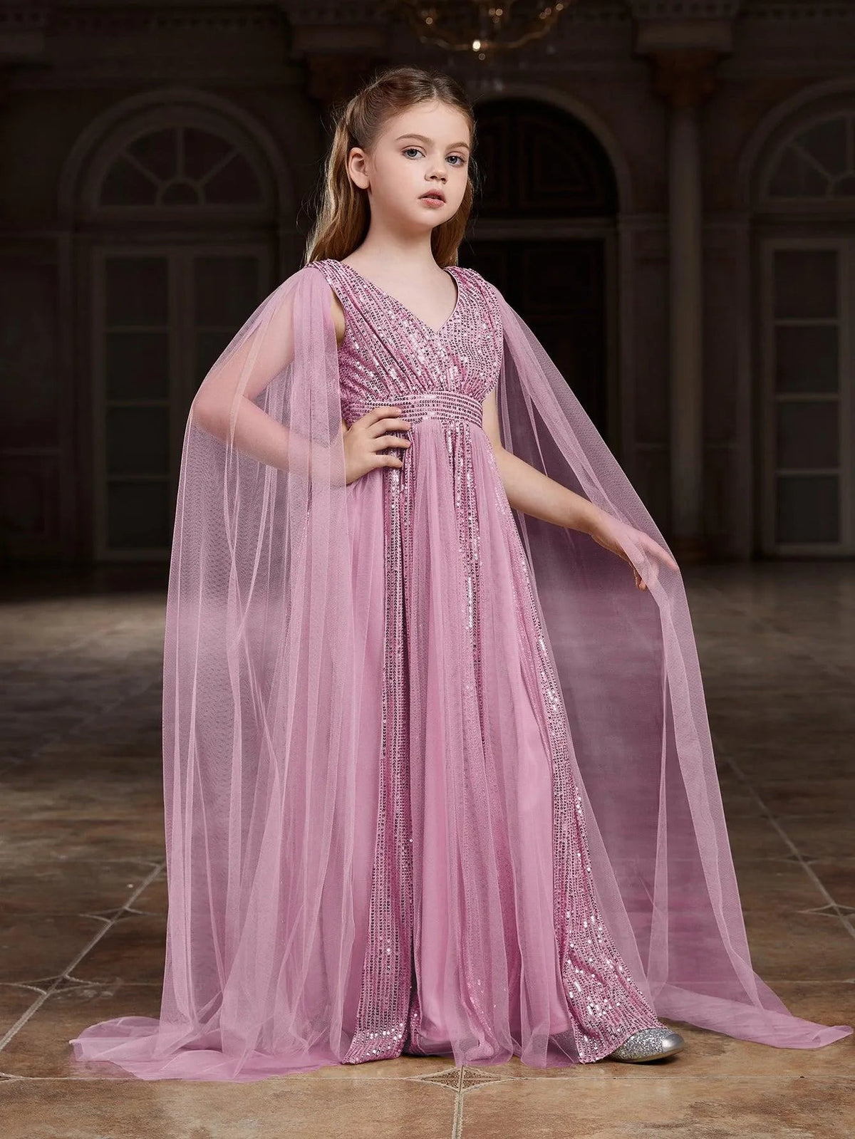 Additional product view of Contrast Mesh Cape-Sleeve V-Neck Sequin A-Line Tween Girls' Party Dress
