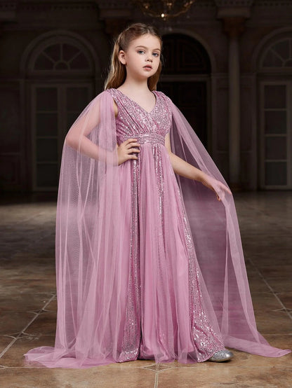 Additional product view of Contrast Mesh Cape-Sleeve V-Neck Sequin A-Line Tween Girls' Party Dress