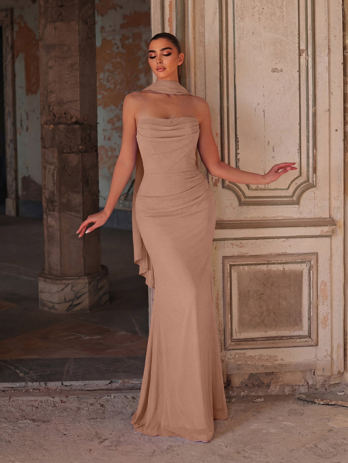 Alternate view of Backless Strapless Chiffon Mermaid Sleeveless Evening Gown in Champagne