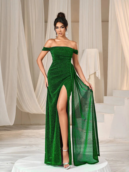 Alternate view of Draped Side High-Slit Off-Shoulder Mermaid Short-Sleeve Evening Gown in Dark Green