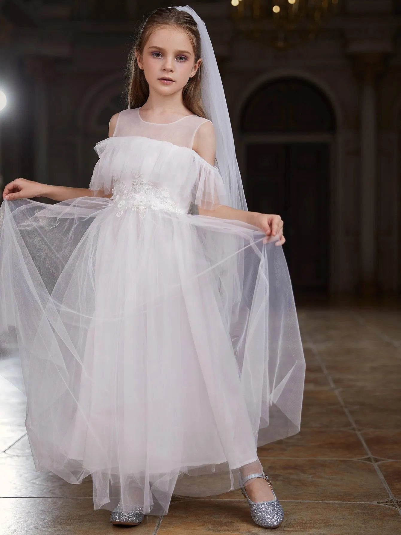 Tween Girls' Round Neck Tulle Short-Sleeve A-Line Formal Gown — authorized product image 1