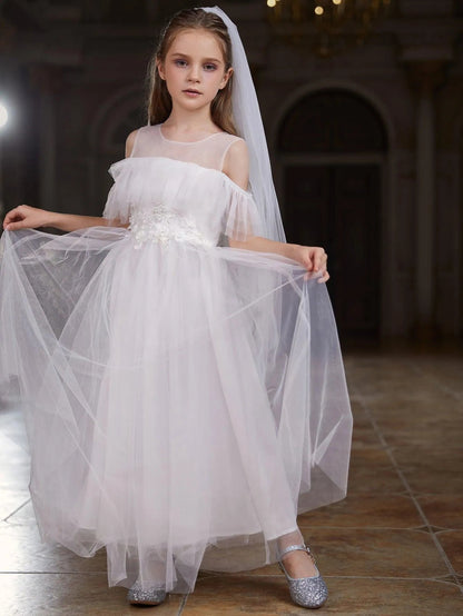 Tween Girls' Round Neck Tulle Short-Sleeve A-Line Formal Gown — authorized product image 1