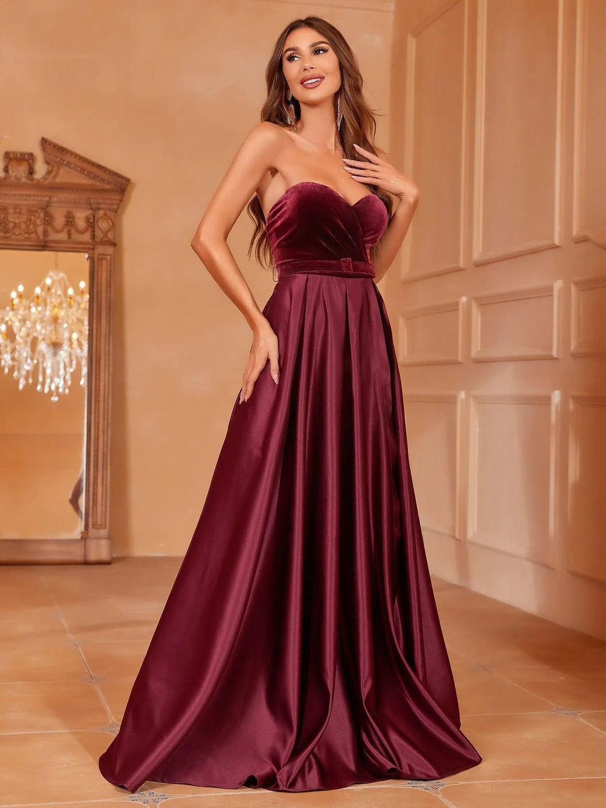 Additional product view of Velvet Bodice Strapless Satin High-Slit A-Line Evening Gown