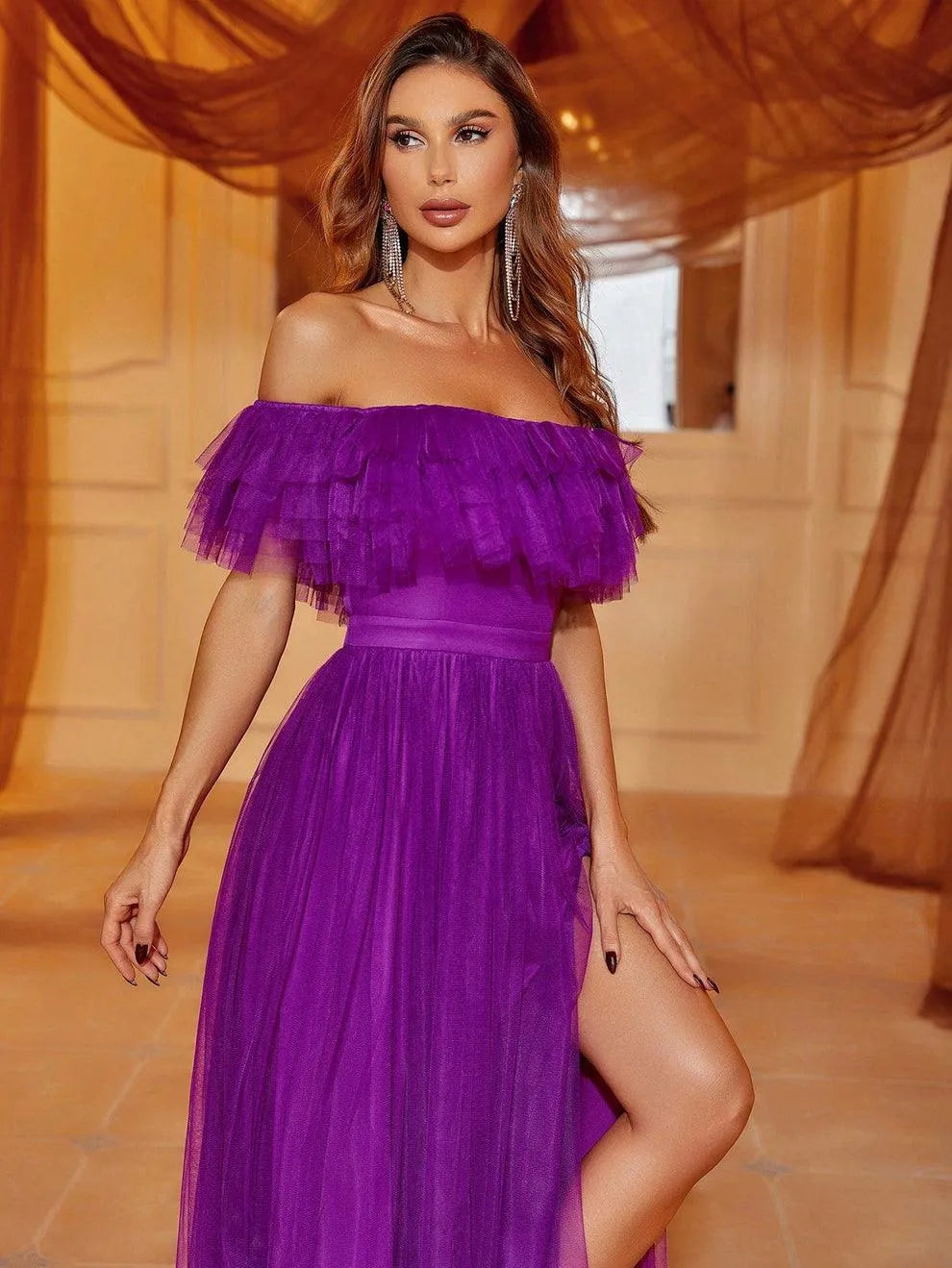 Additional product view of Ruffle Trim High-Slit Off-Shoulder Mesh A-Line Evening Gown
