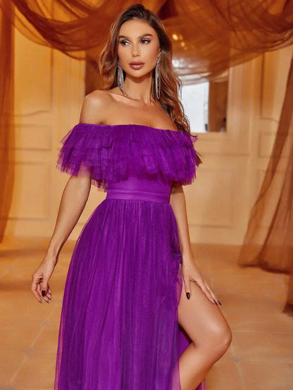 Additional product view of Ruffle Trim High-Slit Off-Shoulder Mesh A-Line Evening Gown