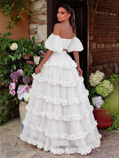 Off Shoulder Puff Sleeve Crop Top & Frill Trim Mesh Skirt – authorized supplier view 6