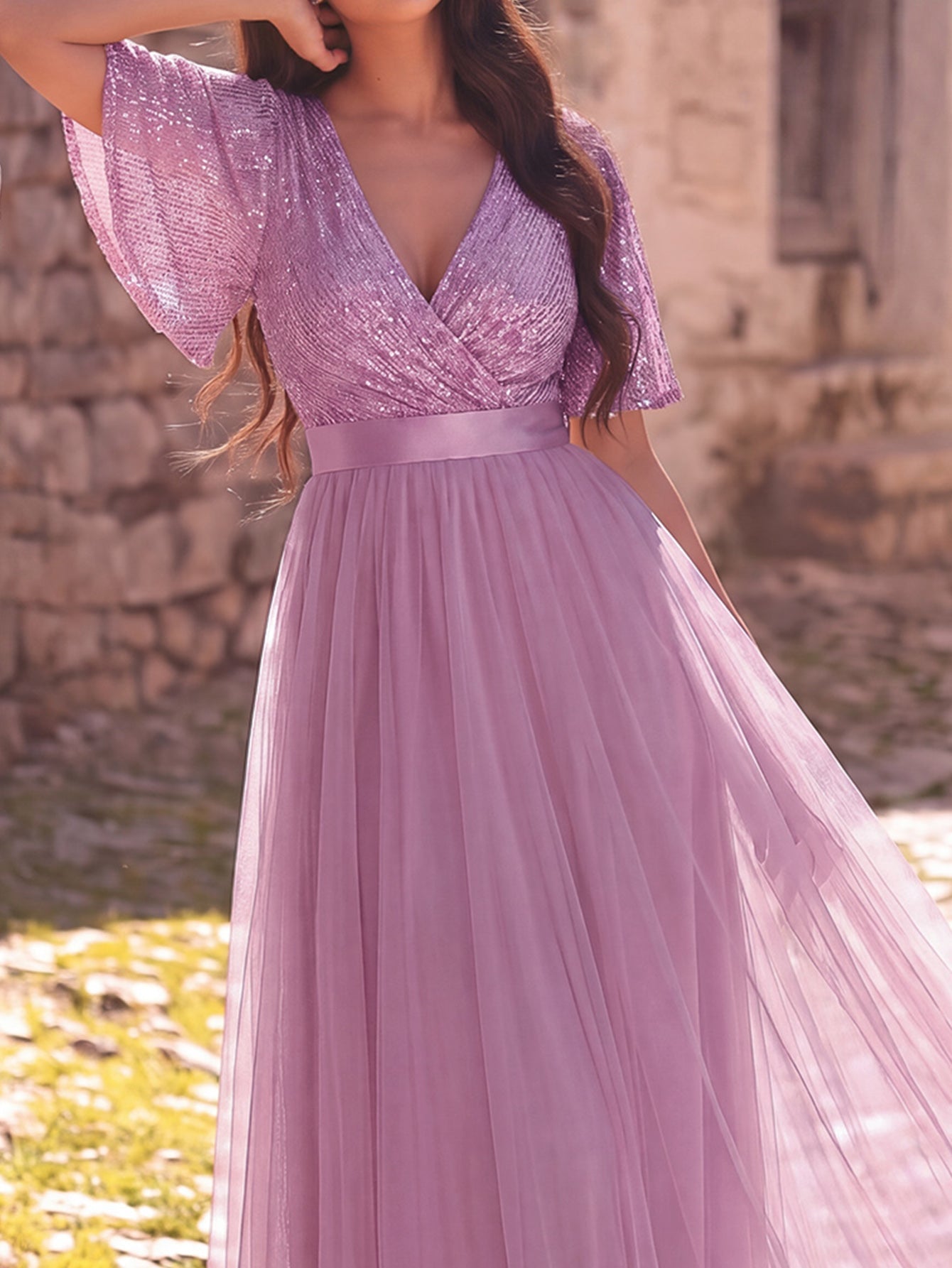 Additional product view of Surplice-Neck V-Neck Mesh Sequin A-Line Evening Gown