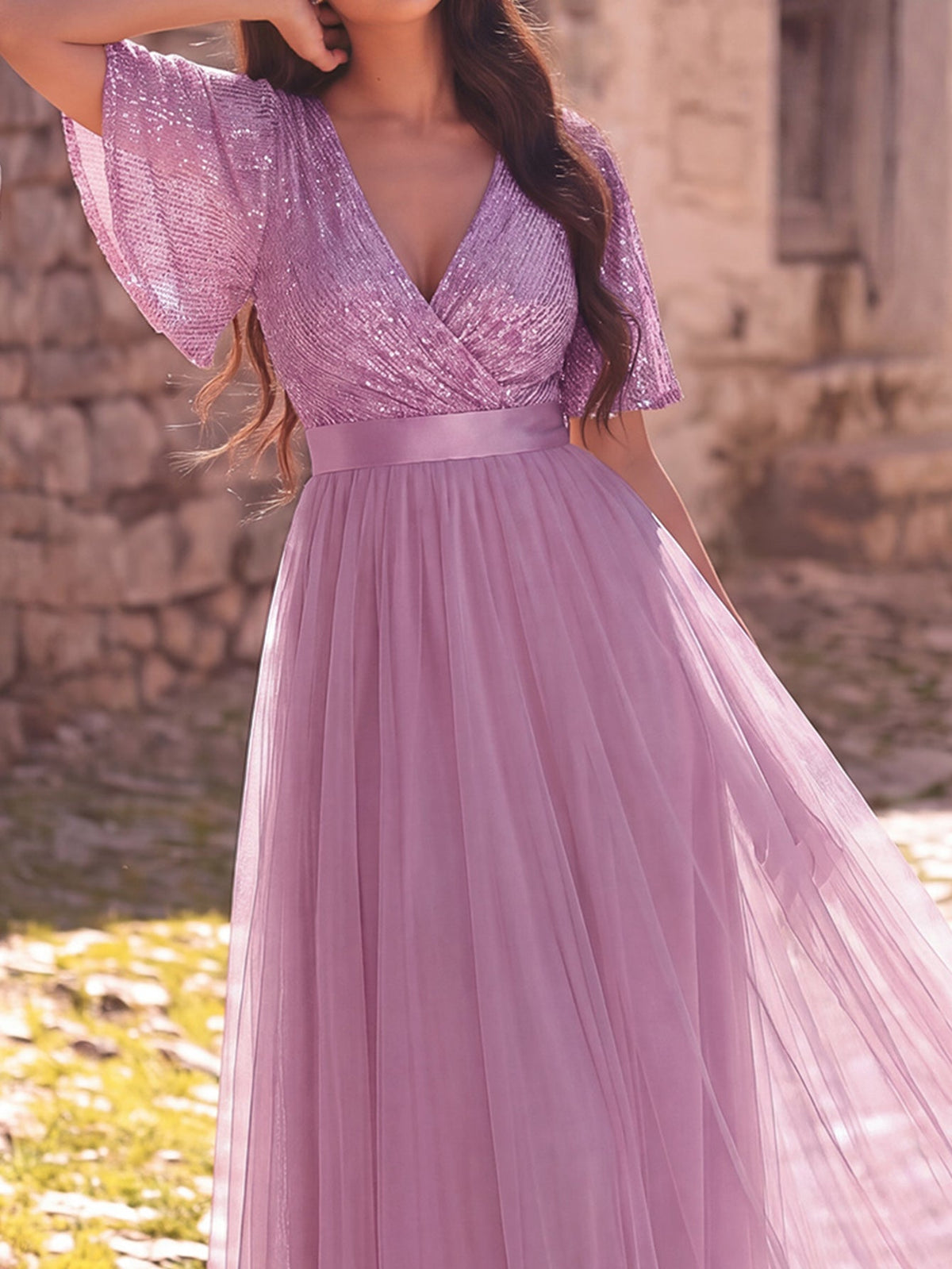 Additional product view of Surplice-Neck V-Neck Mesh Sequin A-Line Evening Gown