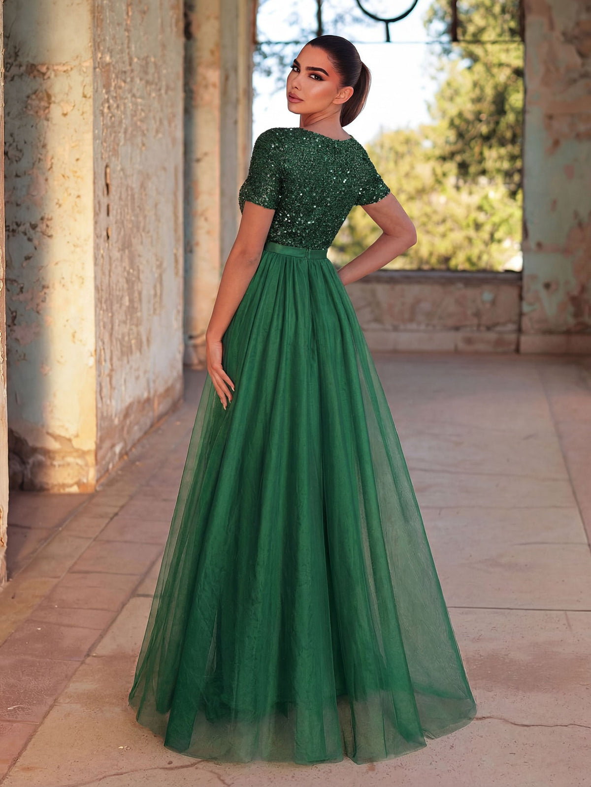 Additional product view of Tulle Skirt Boat-Neck Sequin A-Line Short-Sleeve Evening Gown