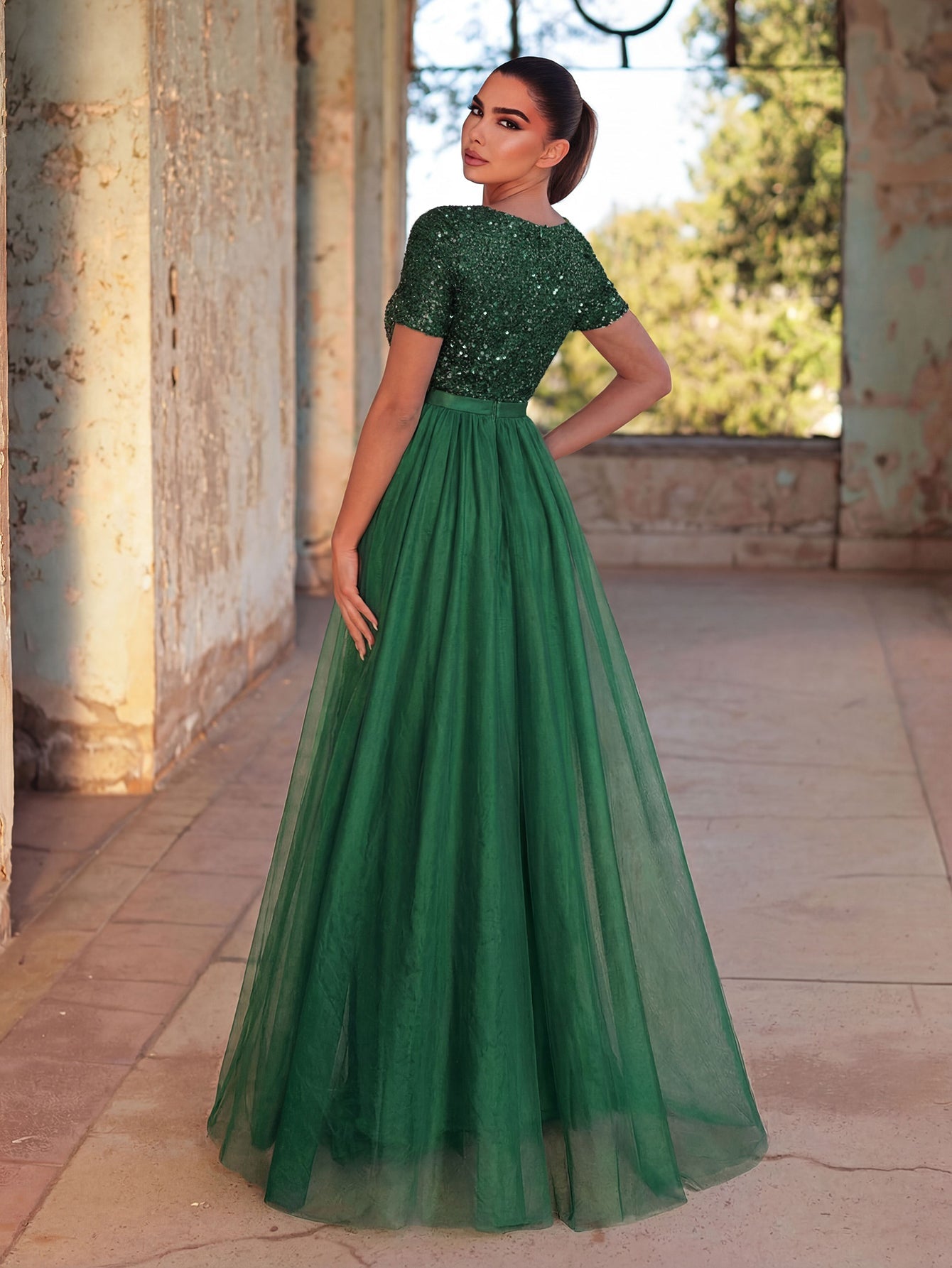 Additional product view of Tulle Skirt Boat-Neck Sequin A-Line Short-Sleeve Evening Gown