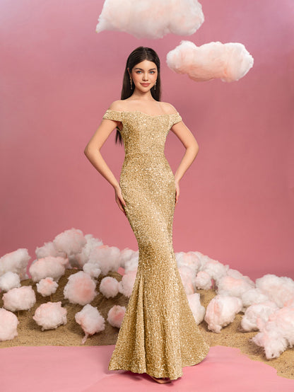 Additional product view of Mermaid Hem Off-Shoulder Sequin Short-Sleeve Maxi Teen Girls' Party Dress
