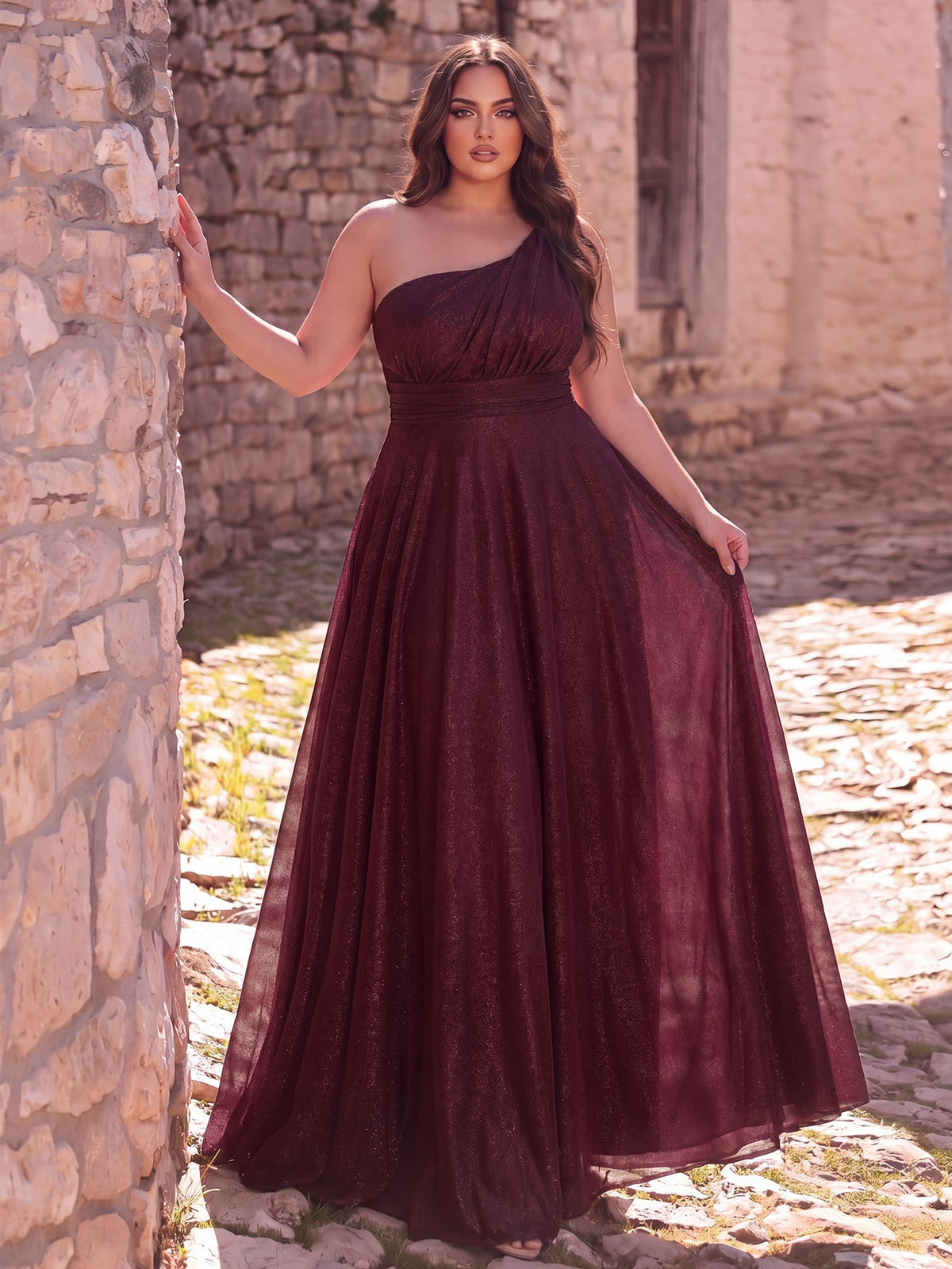 Alternate view of Backless Plus-Size One-Shoulder Chiffon A-Line Evening Gown in Burgundy
