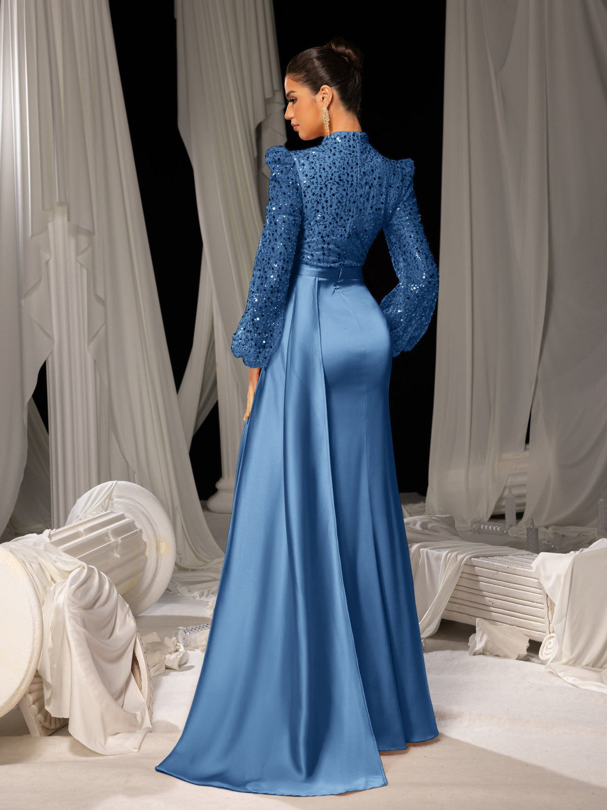 Elegant Satin Evening Gown with High Slit & Crystal-Embellished Sleeves – Luxurious Backdrop for High-End Wedding Receptions or Charity Galas, XS-XL