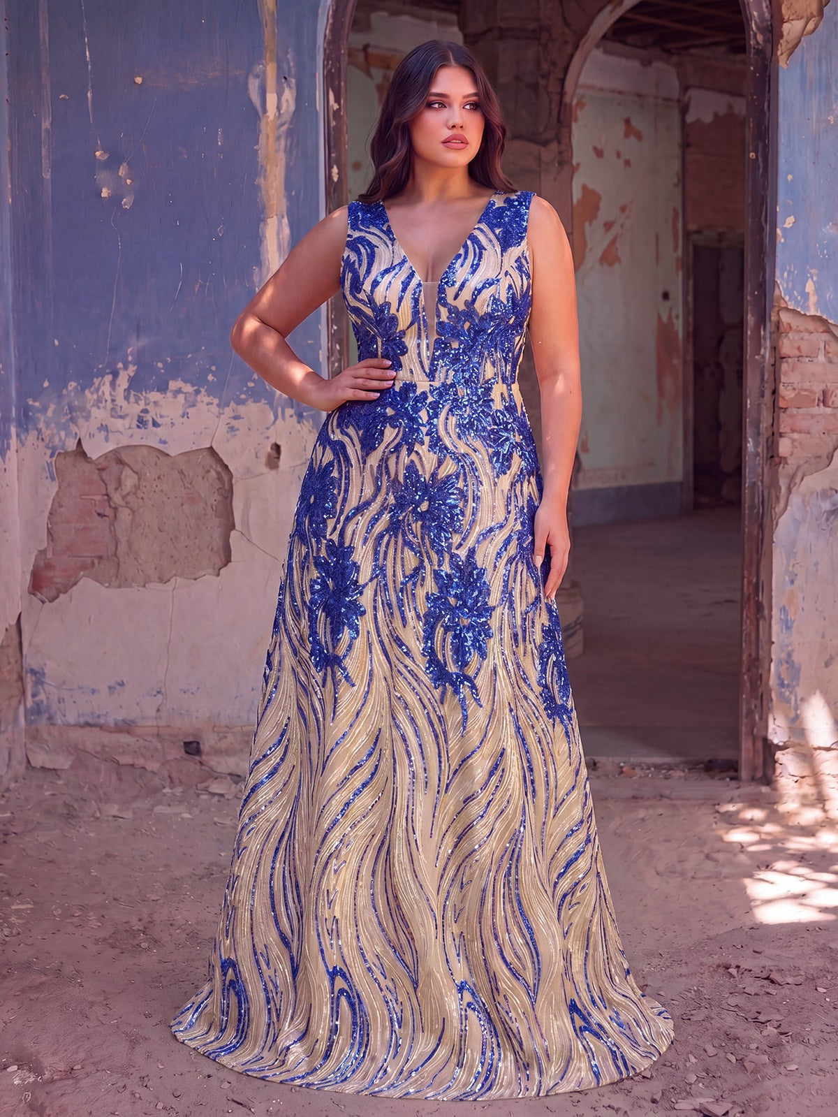 Plus Floral Sequin V Neck Sleeveless A-Line Formal Dress
