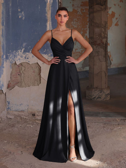 Alternate view of Cami Strap High-Slit Knit A-Line Sleeveless Evening Gown in Black