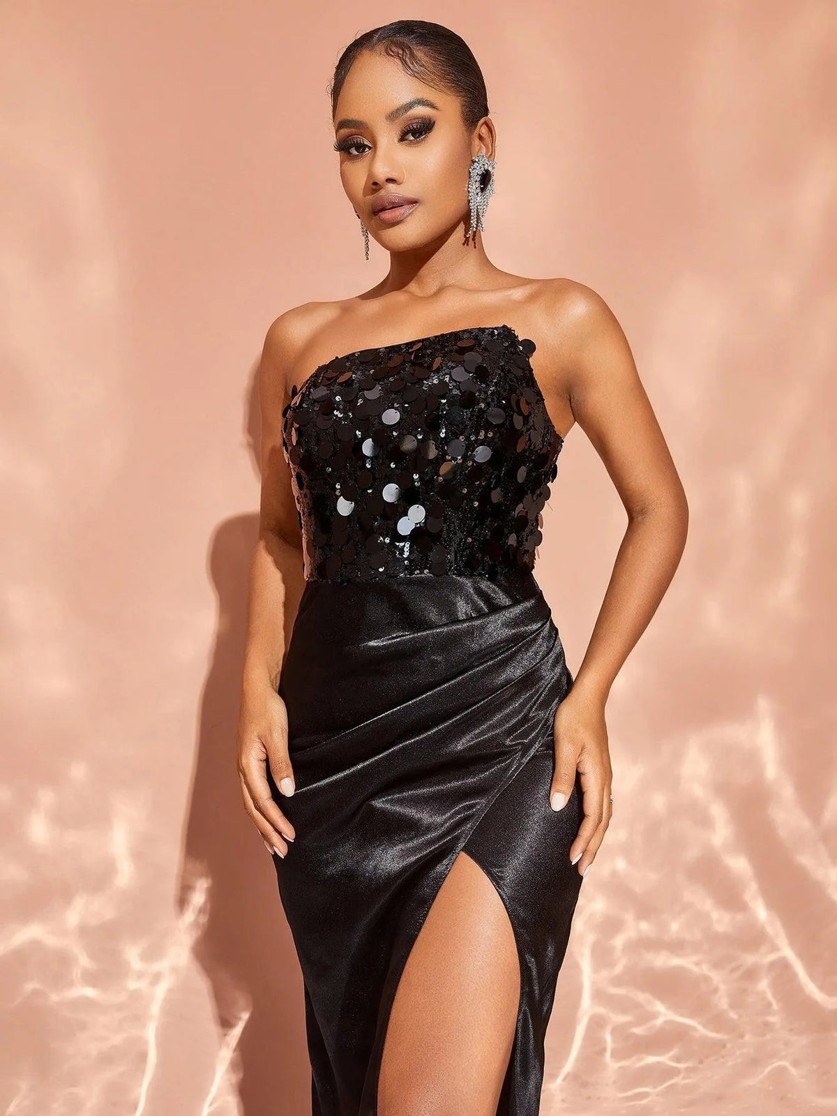 Strapless Sequin Satin Sleeveless Sheath Evening Gown — authorized product image 6