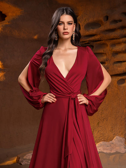 Additional product view of V-Neck Knit High-Slit A-Line Long-Sleeve Evening Gown
