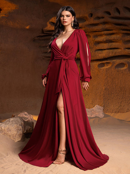 Additional product view of V-Neck Knit High-Slit A-Line Long-Sleeve Evening Gown