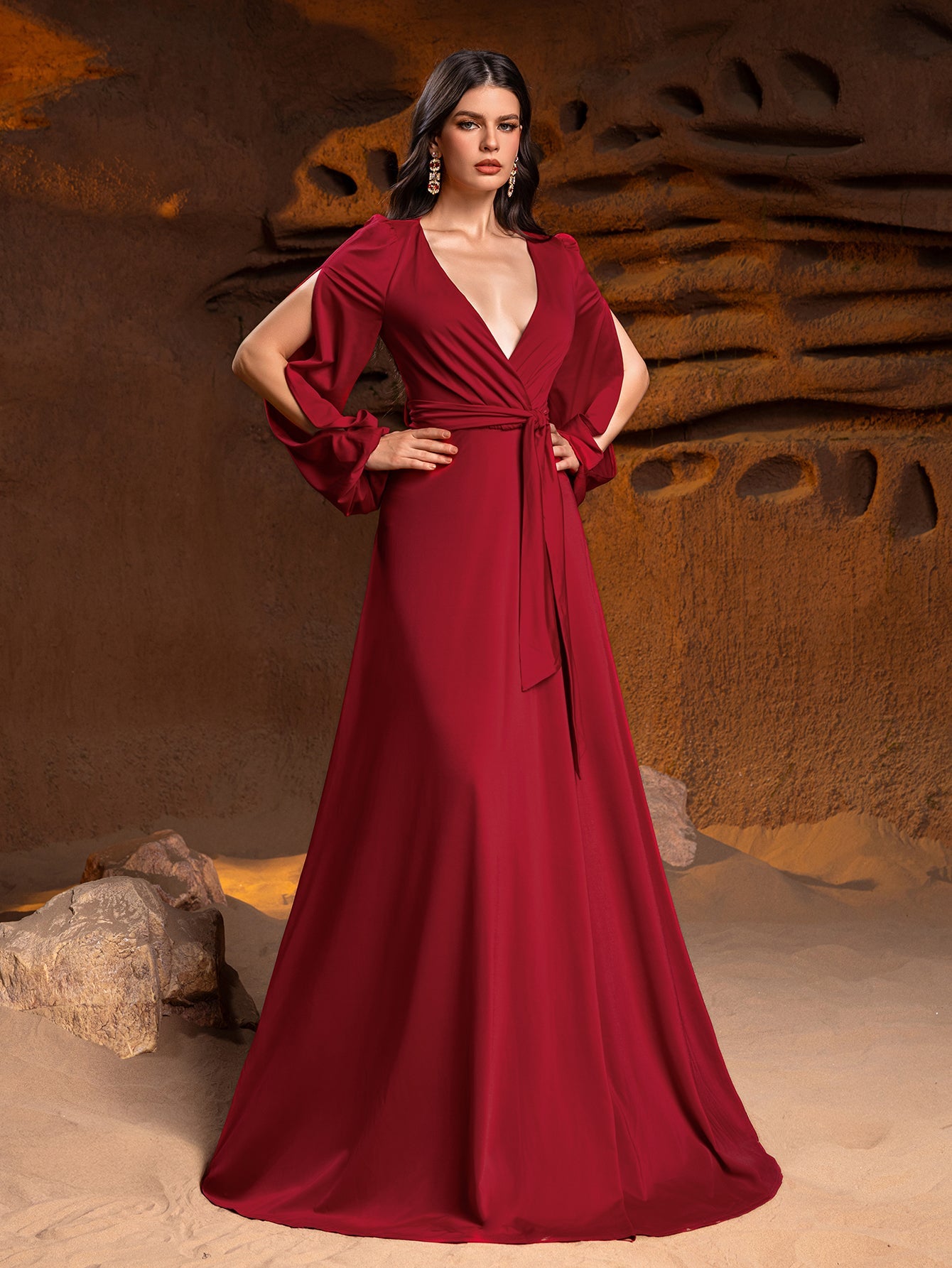 Additional product view of V-Neck Knit High-Slit A-Line Long-Sleeve Evening Gown