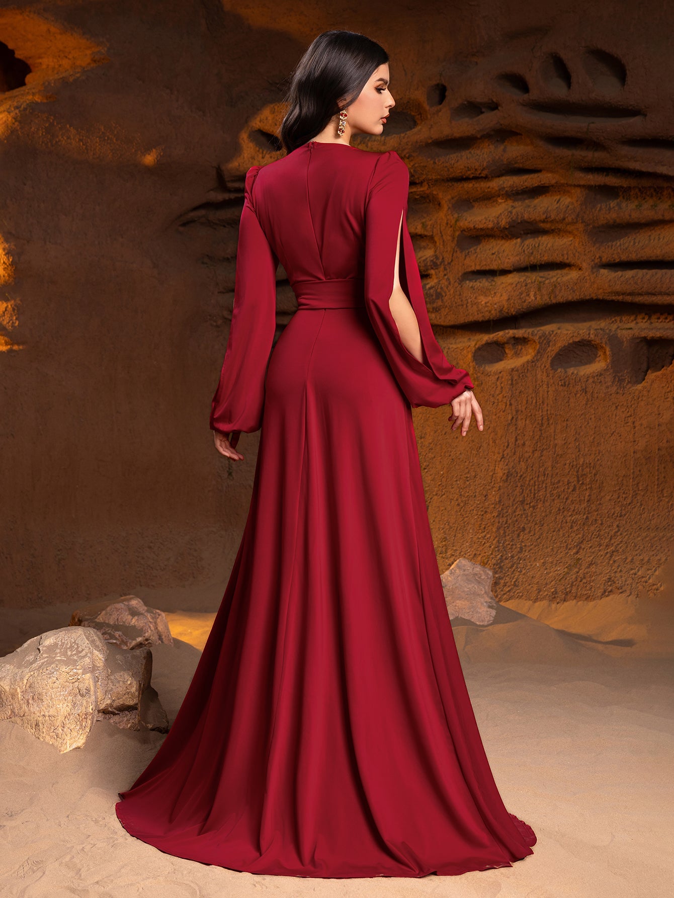 Additional product view of V-Neck Knit High-Slit A-Line Long-Sleeve Evening Gown