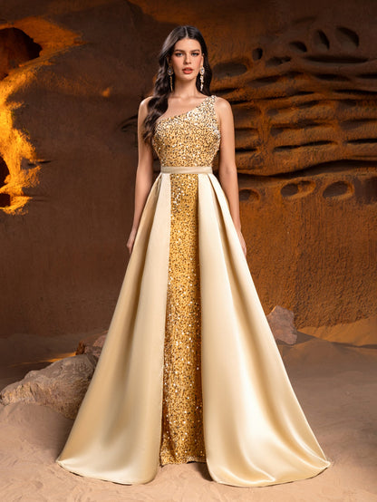 One-Shoulder Sequin Satin Sleeveless Mermaid Evening Gown — authorized product image 3
