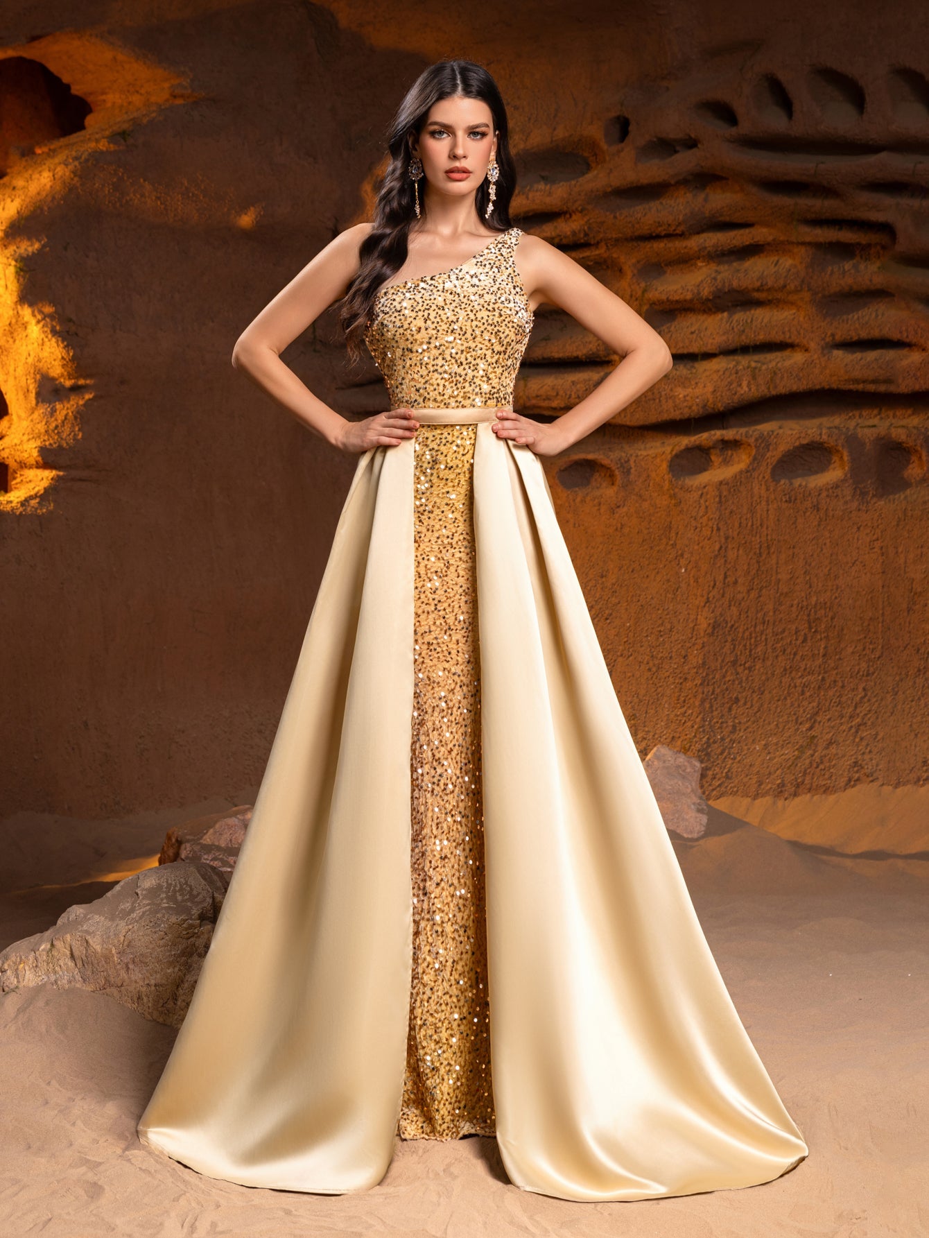 One-Shoulder Sequin Satin Sleeveless Mermaid Evening Gown — authorized product image 1