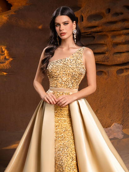 One-Shoulder Sequin Satin Sleeveless Mermaid Evening Gown — authorized product image 6
