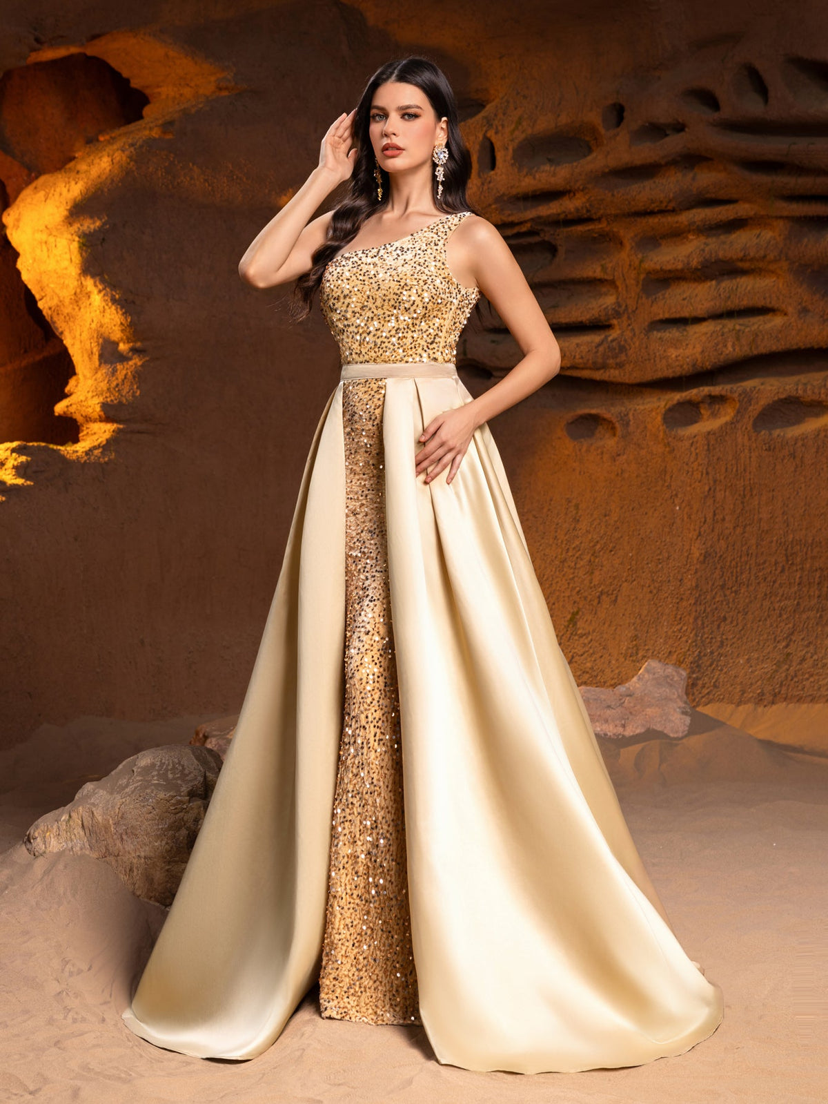 One-Shoulder Sequin Satin Sleeveless Mermaid Evening Gown — authorized product image 4