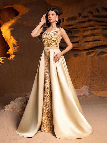 One-Shoulder Sequin Satin Sleeveless Mermaid Evening Gown — authorized product image 4