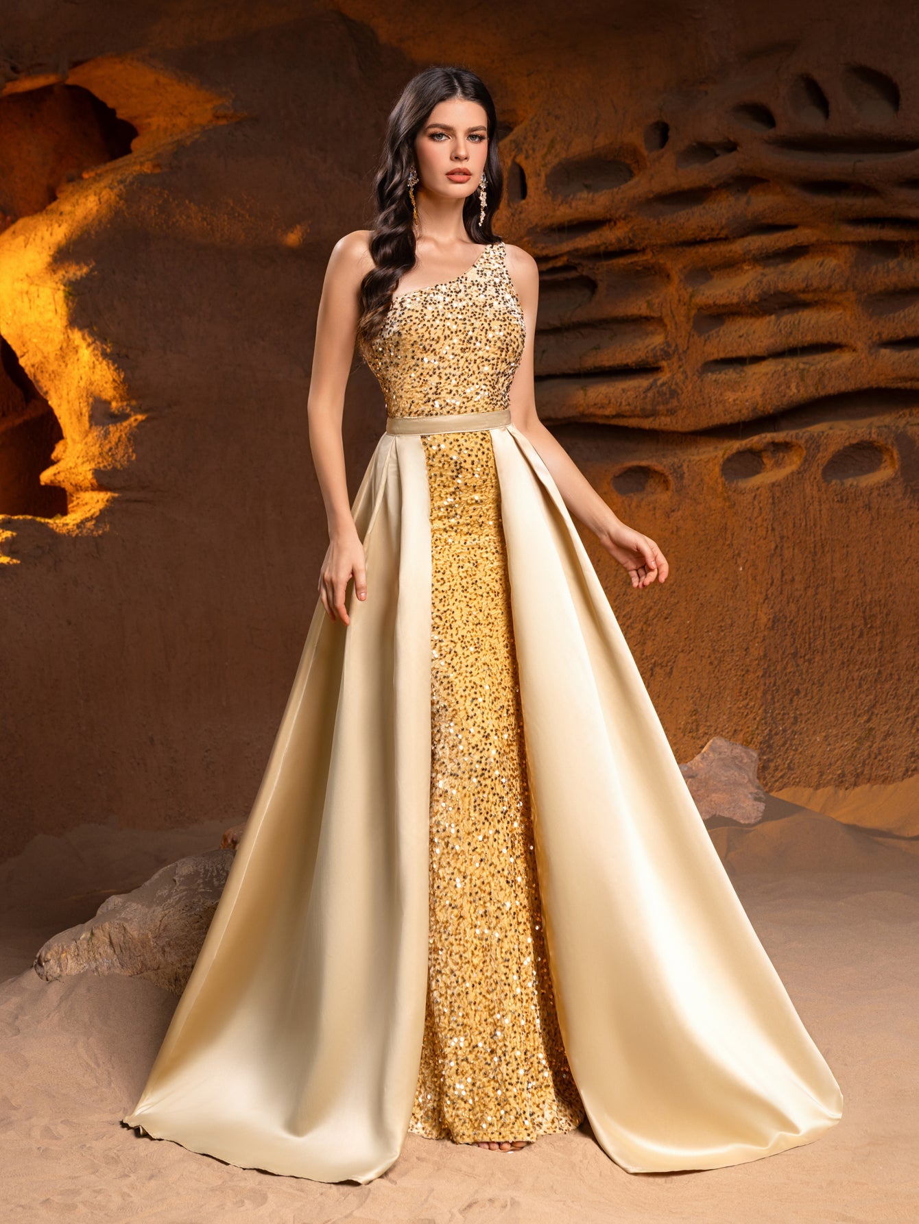 One-Shoulder Sequin Satin Sleeveless Mermaid Evening Gown — authorized product image 5