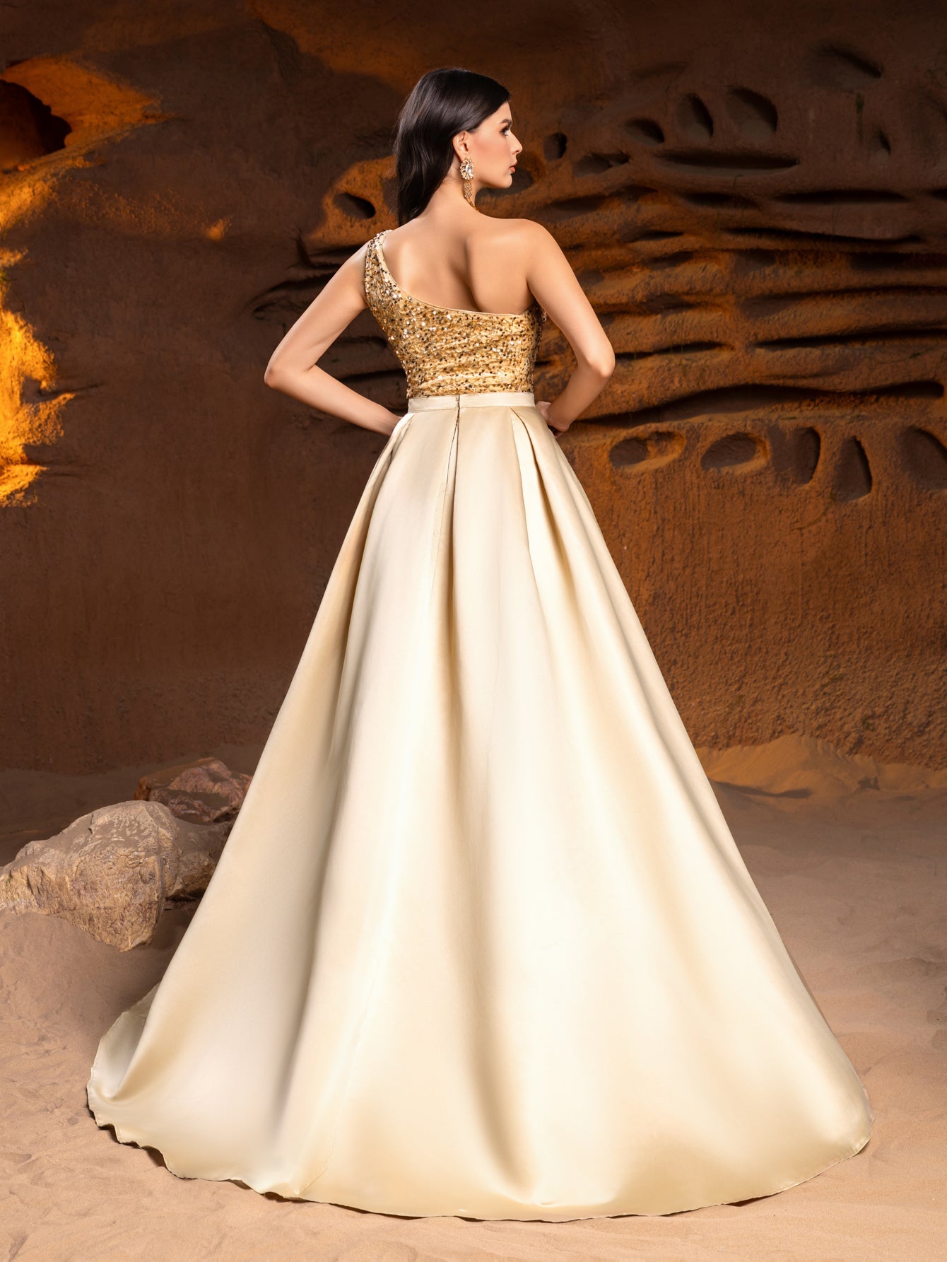 One-Shoulder Sequin Satin Sleeveless Mermaid Evening Gown — authorized product image 2