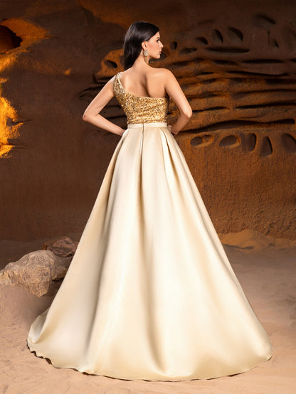 One-Shoulder Sequin Satin Sleeveless Mermaid Evening Gown — authorized product image 2