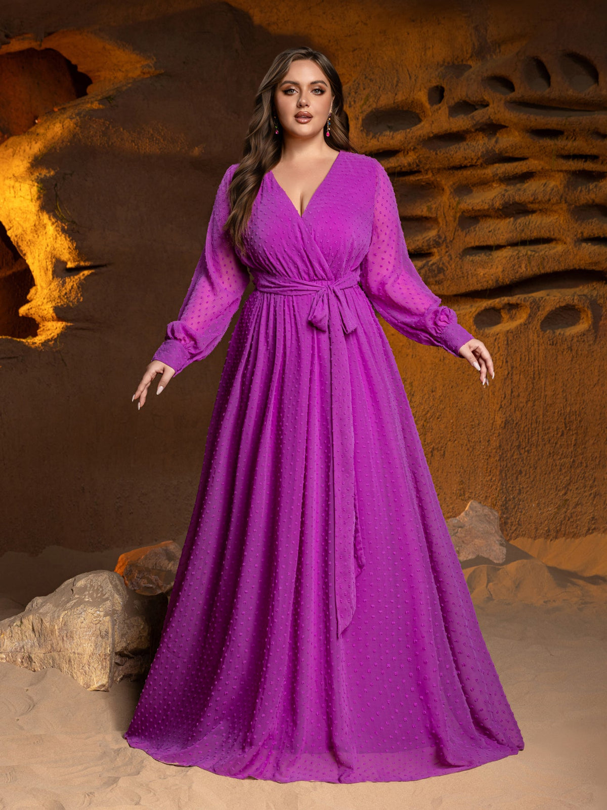 Plus-Size Surplice Neck Long Sleeve Swiss Dot Belted Chiffon Party Dress — authorized product image 3