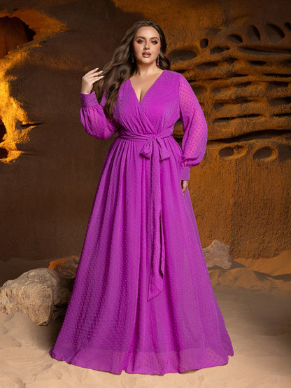 Plus-Size Surplice Neck Long Sleeve Swiss Dot Belted Chiffon Party Dress — authorized product image 1