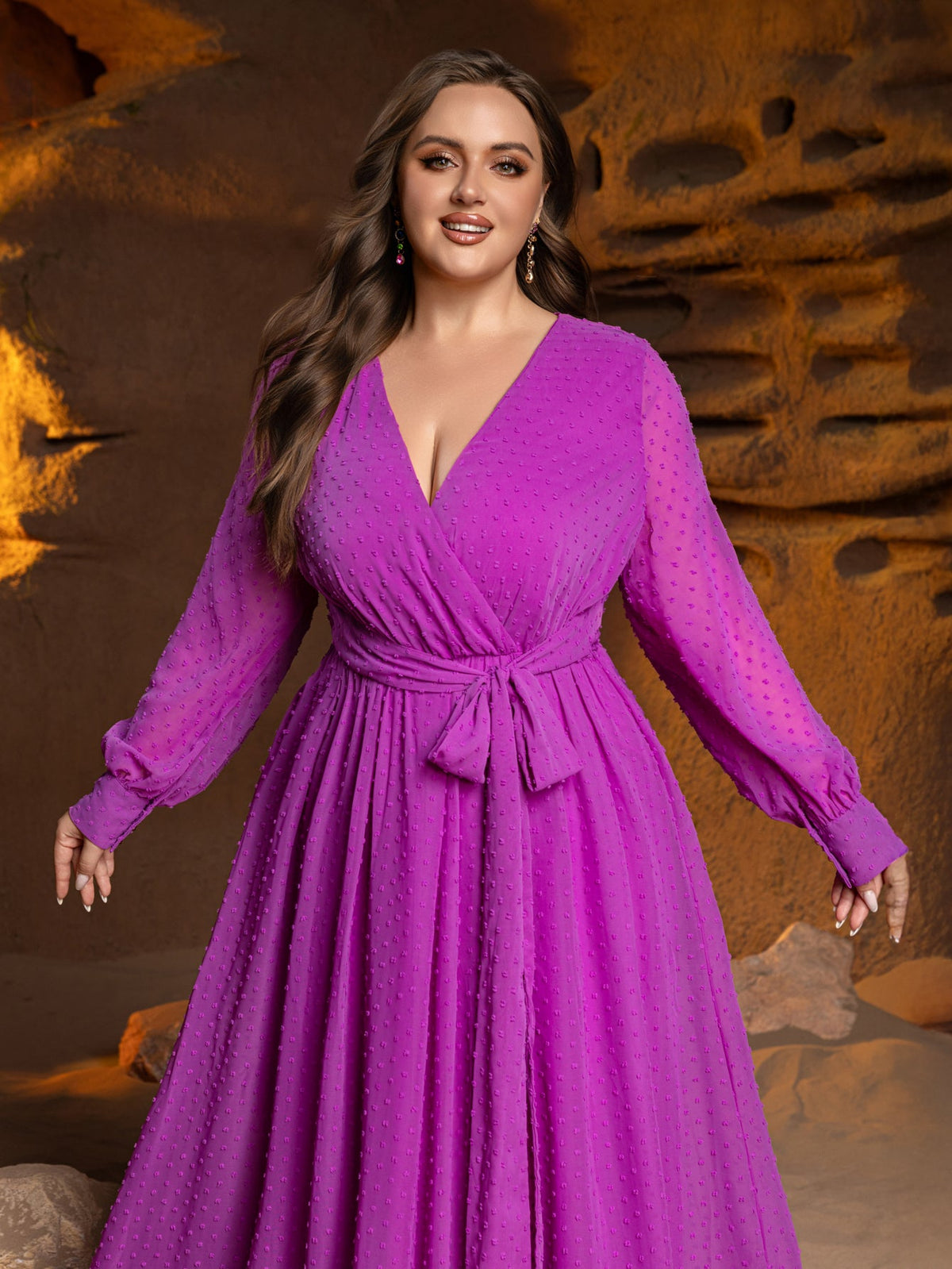 Plus-Size Surplice Neck Long Sleeve Swiss Dot Belted Chiffon Party Dress — authorized product image 4