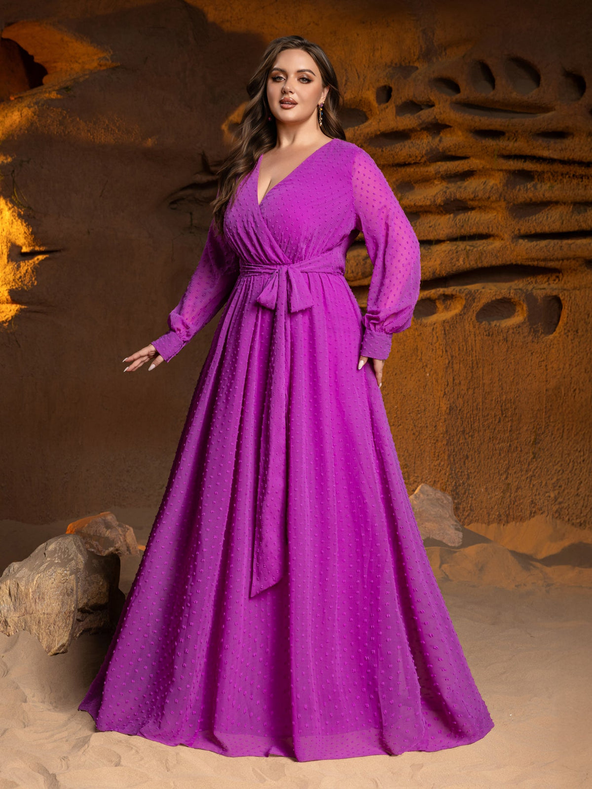 Plus-Size Surplice Neck Long Sleeve Swiss Dot Belted Chiffon Party Dress — authorized product image 5