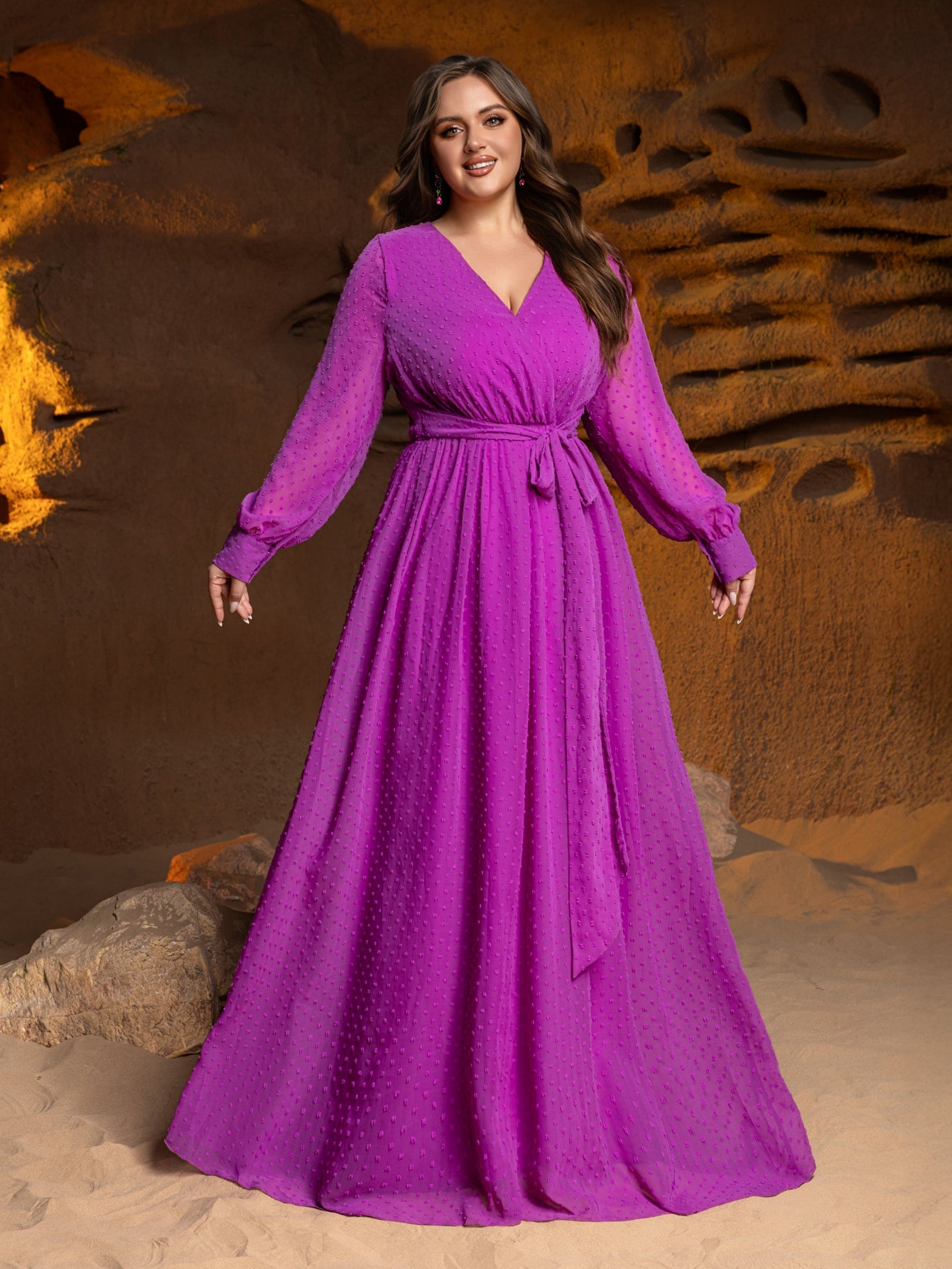 Plus-Size Surplice Neck Long Sleeve Swiss Dot Belted Chiffon Party Dress — authorized product image 6