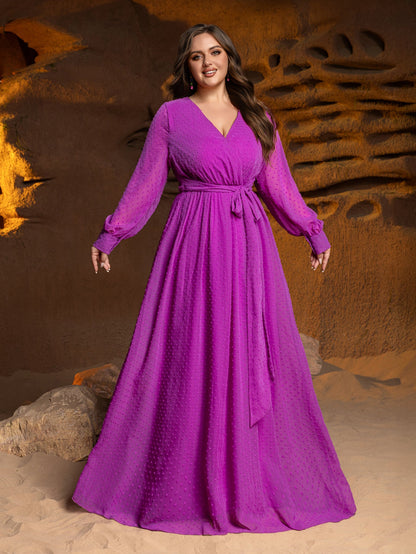 Plus-Size Surplice Neck Long Sleeve Swiss Dot Belted Chiffon Party Dress — authorized product image 6