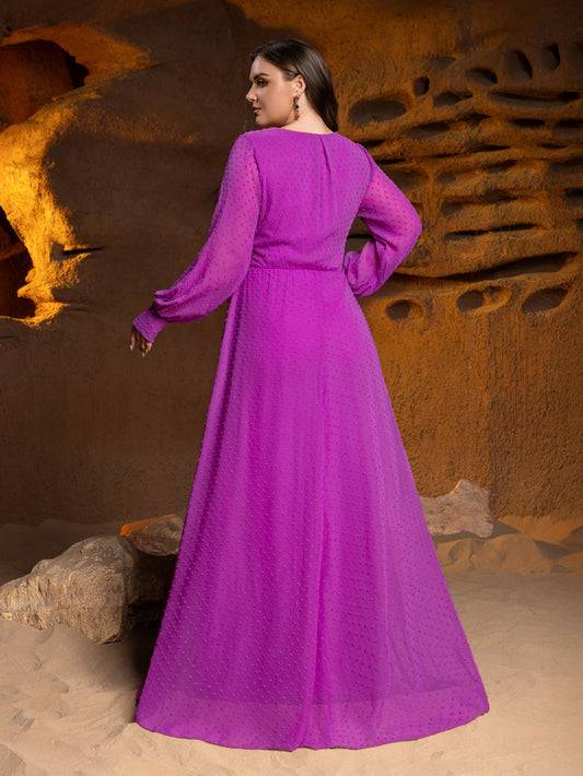 Plus-Size Surplice Neck Long Sleeve Swiss Dot Belted Chiffon Party Dress — authorized product image 2
