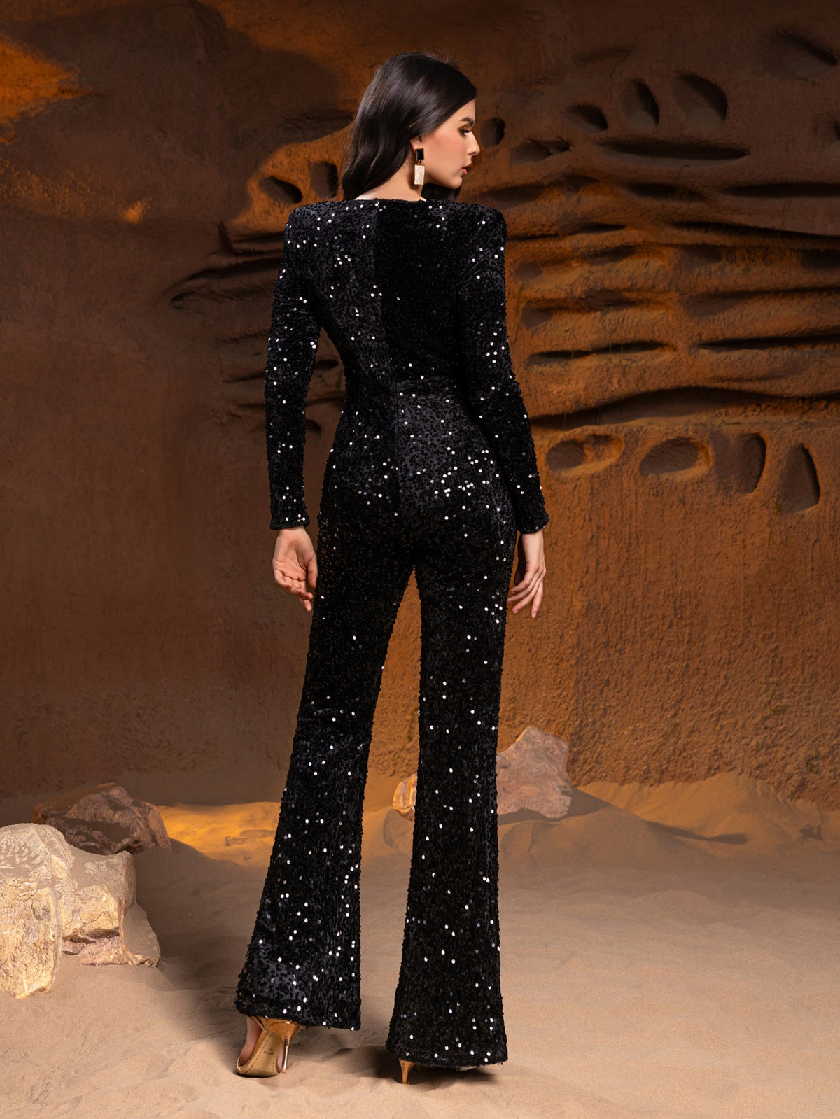 V-Neck Sequin Long-Sleeve Formal Jumpsuit — authorized product image 2