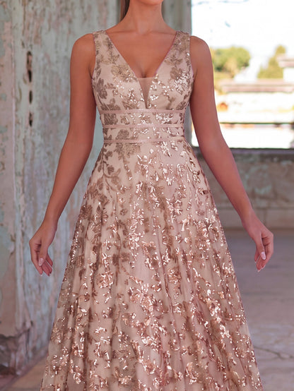 Plunging Neck Sleeveless Embroidered Sequin Dresses