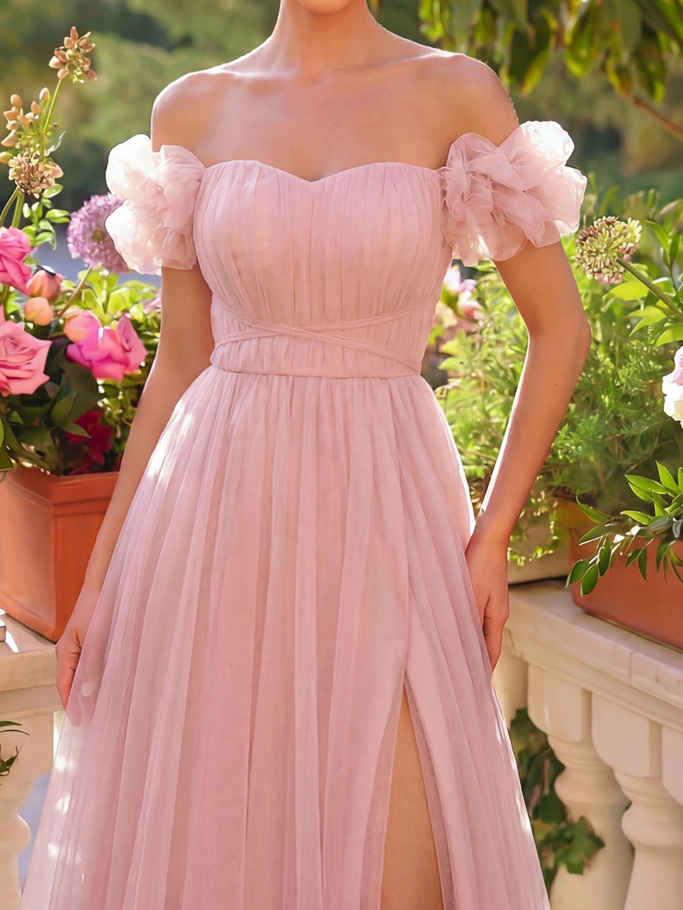 Elegant Off Shoulder Ruched Bust Split Thigh Tulle Evening Dress
