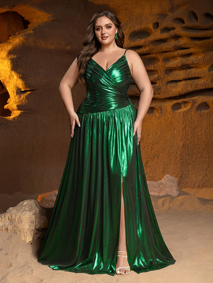 Plus Spaghetti Strap Metallic A-Line Prom Dress – view 8