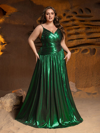 Plus Spaghetti Strap Metallic A-Line Prom Dress – view 10