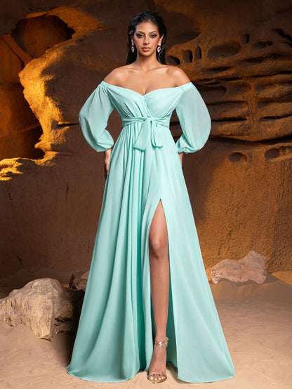 Additional product view of High-Slit Belted Off-Shoulder Chiffon A-Line Maxi Formal Dress