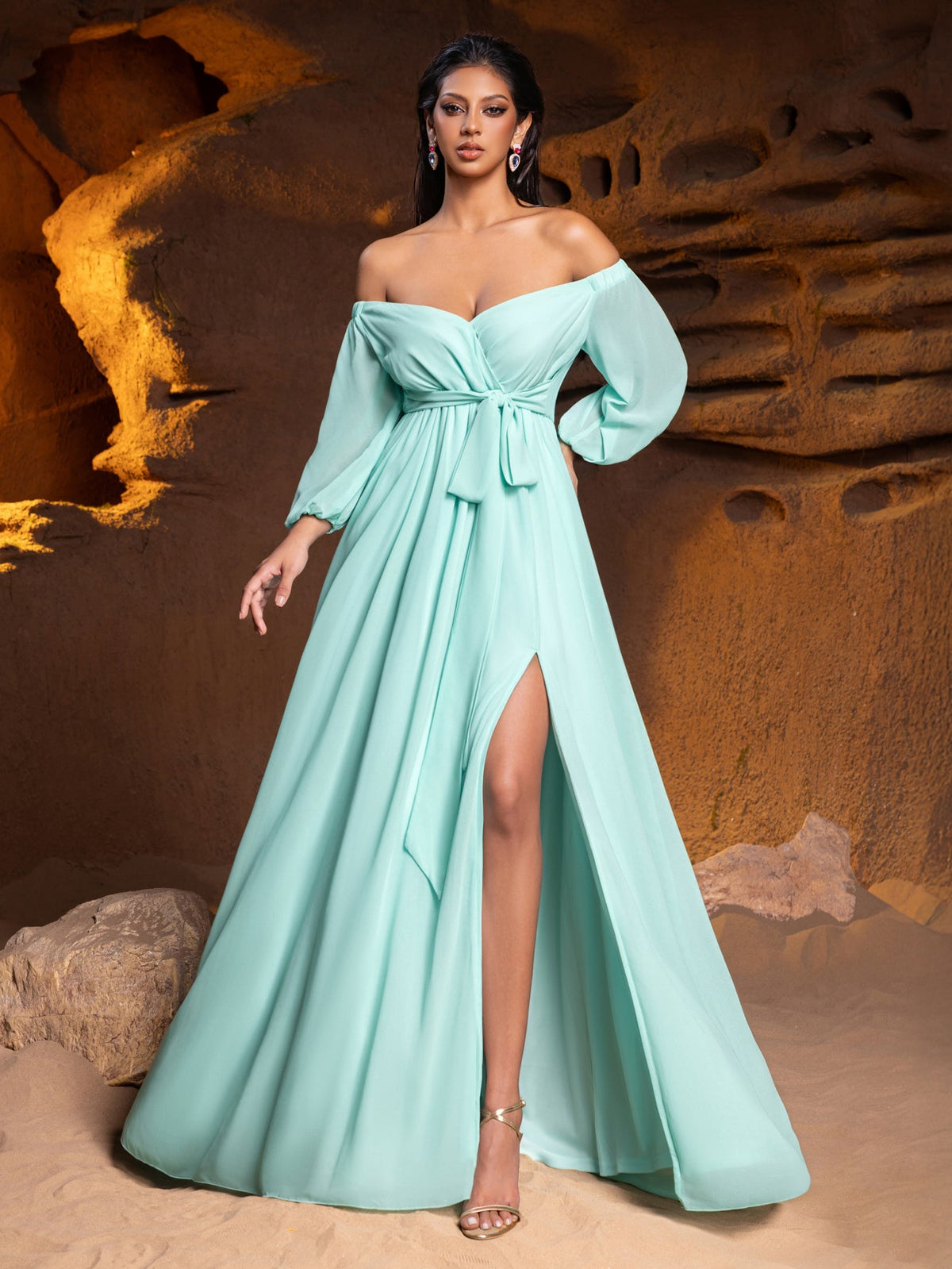 Alternate view of High-Slit Belted Off-Shoulder Chiffon A-Line Maxi Formal Dress in Mint