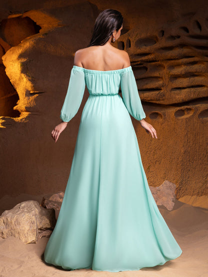 Additional product view of High-Slit Belted Off-Shoulder Chiffon A-Line Maxi Formal Dress