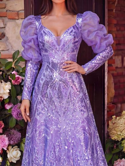 Luxury Plunging Neck Gigot Sleeves Graphic Sequin Prom Dress