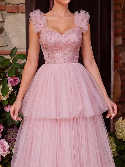Gorgeous Sweetheart Collar Sequin Bodice Contrast Mesh Hem Prom Dress