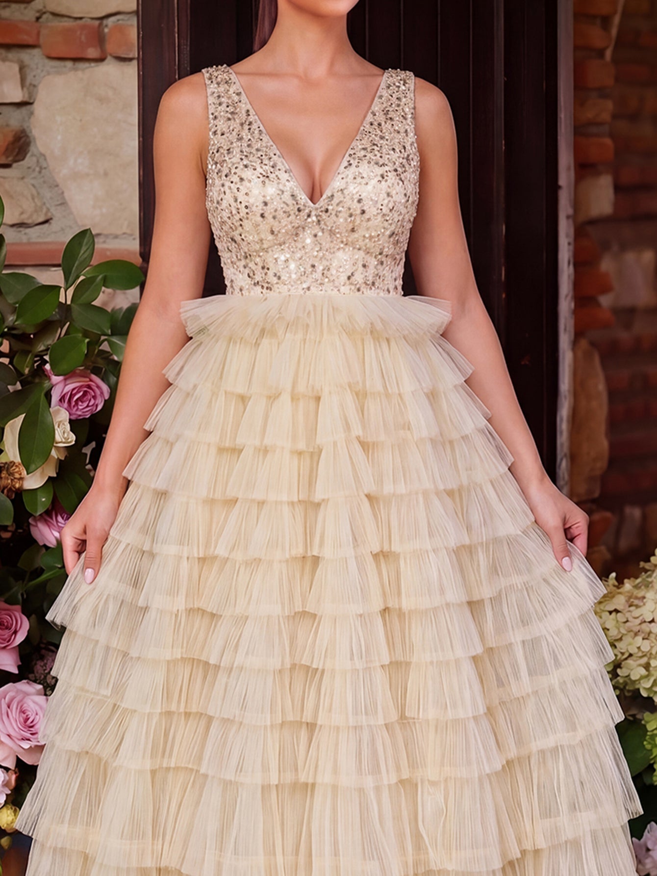 Plunging Sequin Ruffle Sleeveless A-Line Evening Gown — authorized product image 4